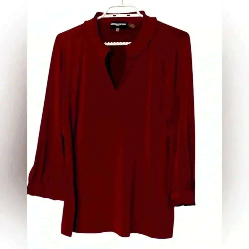 Karl Lagerfeld Maroon, Long Sleeve Blouse w Ruffled Sleeves, Loose Fitting